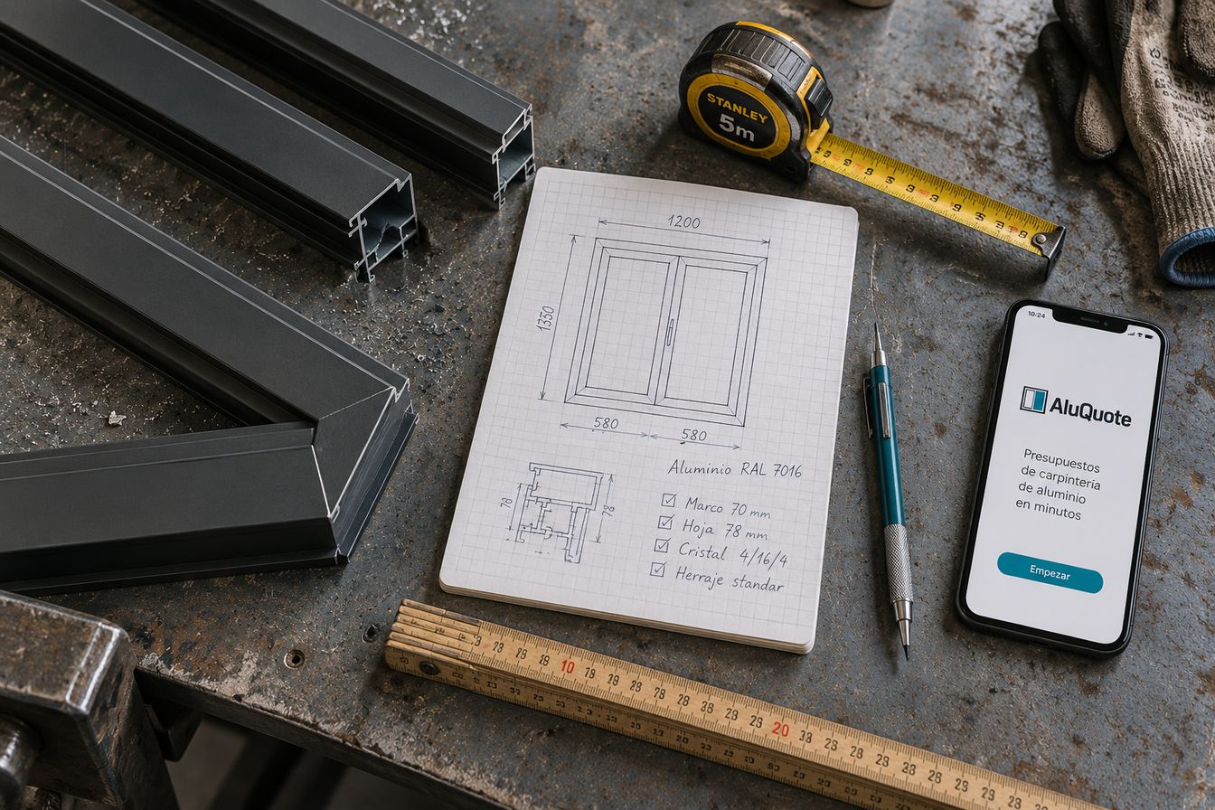 Un banco de taller con perfiles de aluminio, un flexómetro y un cuaderno con la ventana acotada a mano; al lado, el móvil con AluQuote abierto.